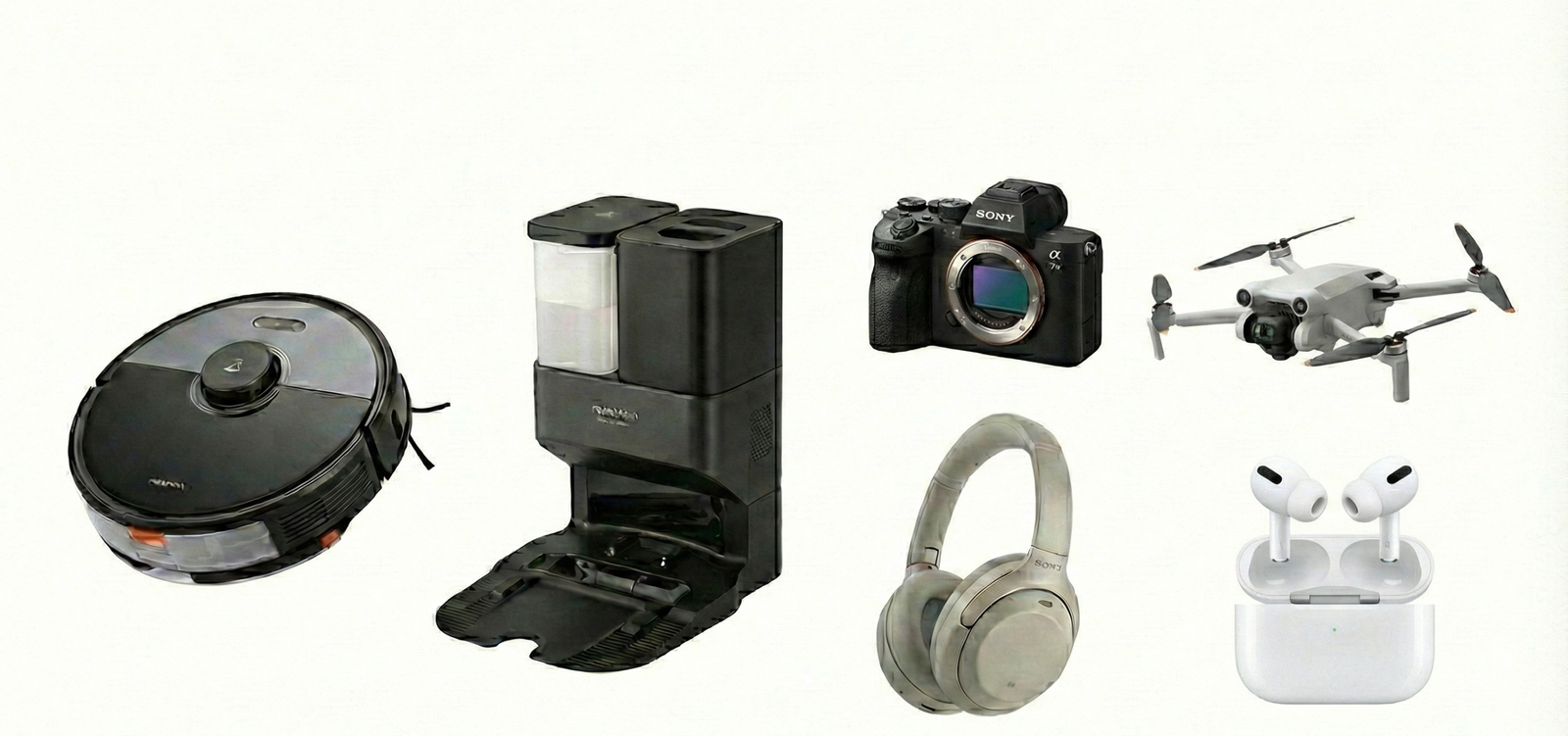 Beyaz fonda Roborock robot süpürge, Sony kamera, DJI Mini 3 drone, Sony kulaklık ve Apple AirPods Pro ürünleri