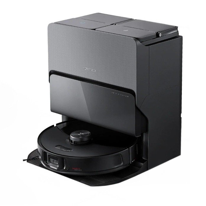 Siyah renkli Roborock S8 MaxV Ultra robot süpürge ve çok fonksiyonlu temizleme istasyonunun genel görünümü