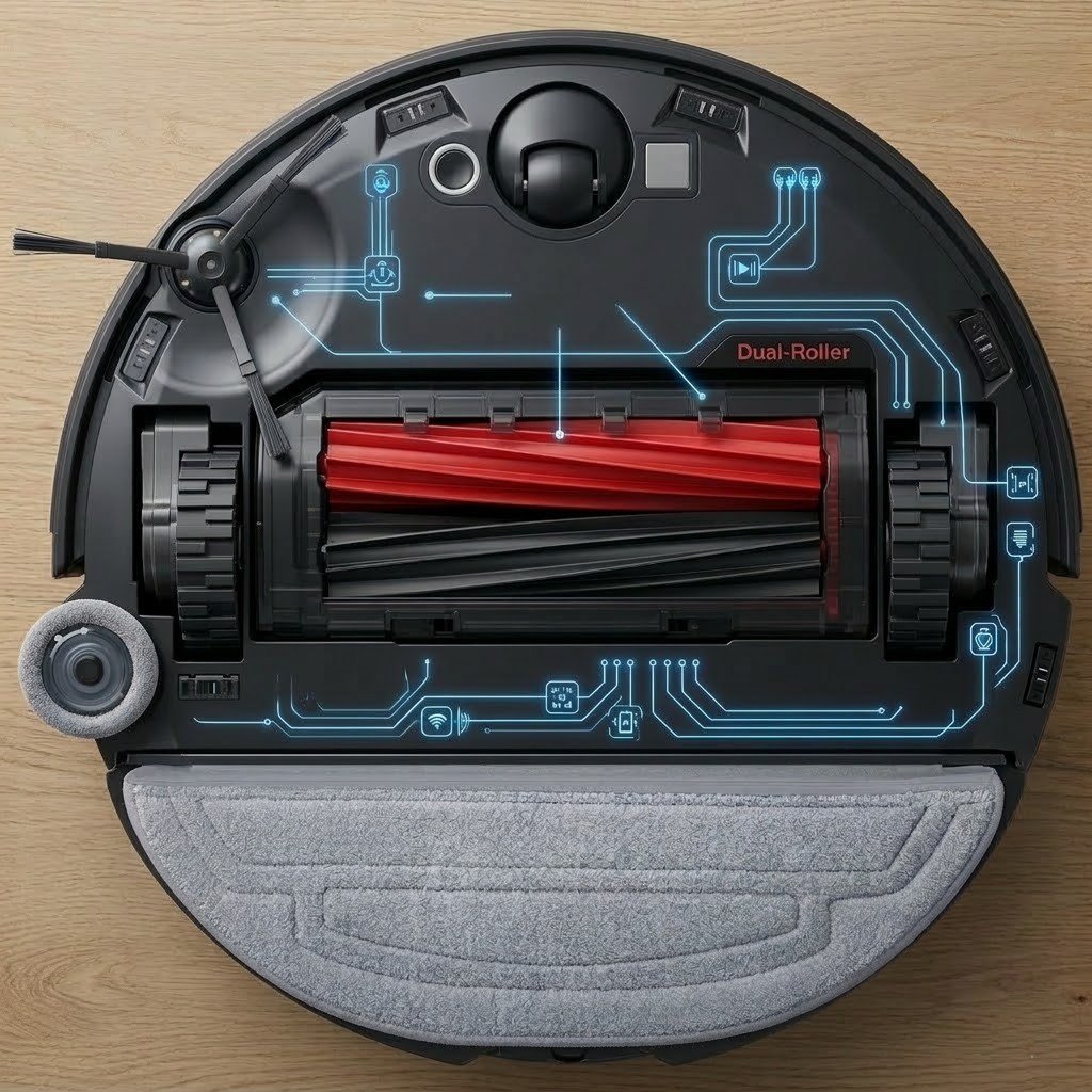 Roborock S8 MaxV Ultra 10.000 Pa emiş gücü ve çift fırça halı performansı.