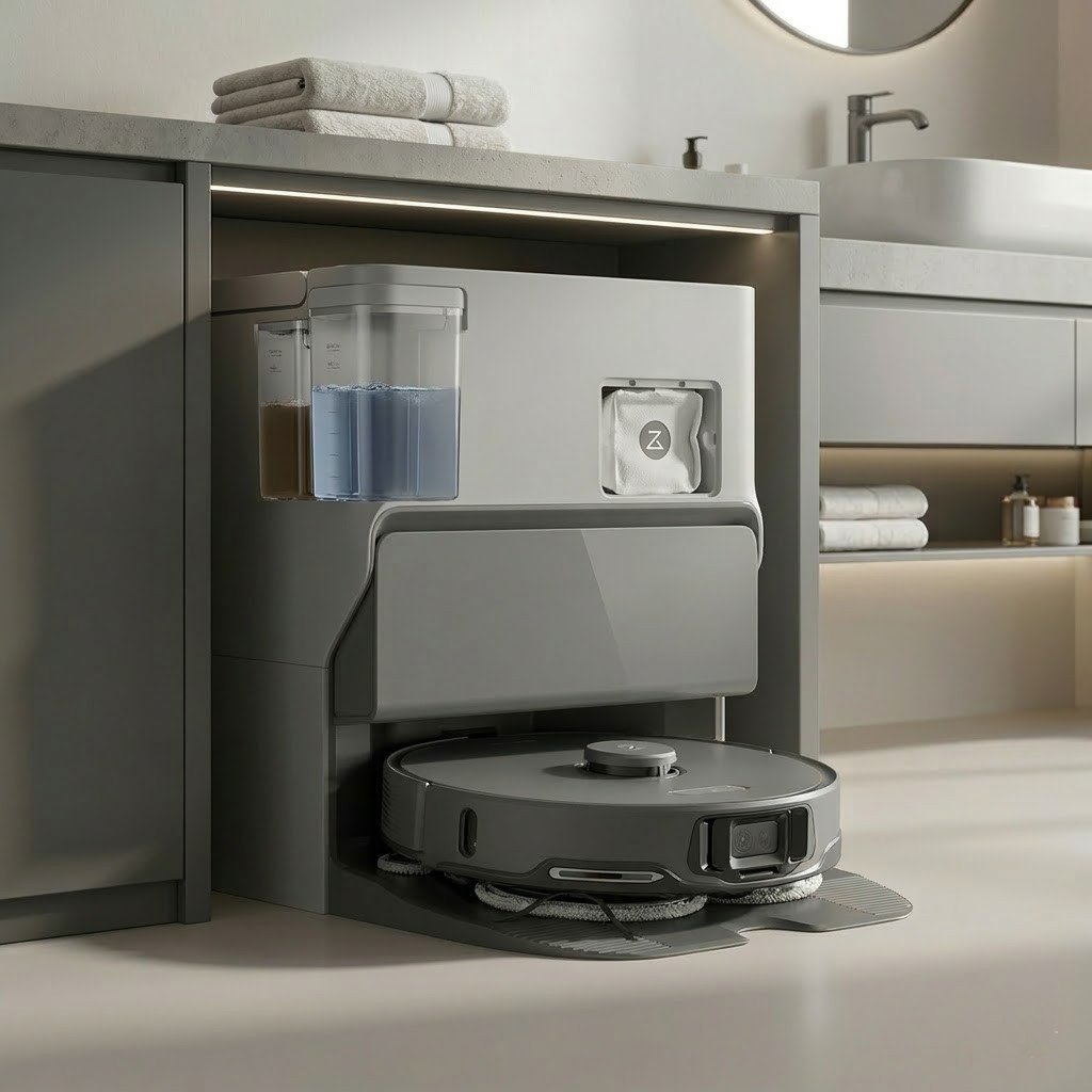 Roborock S8 MaxV Ultra robot süpürge ve su tankları ile toz boşaltma ünitesini gösteren tam otonom RockDock Ultra istasyonu.
